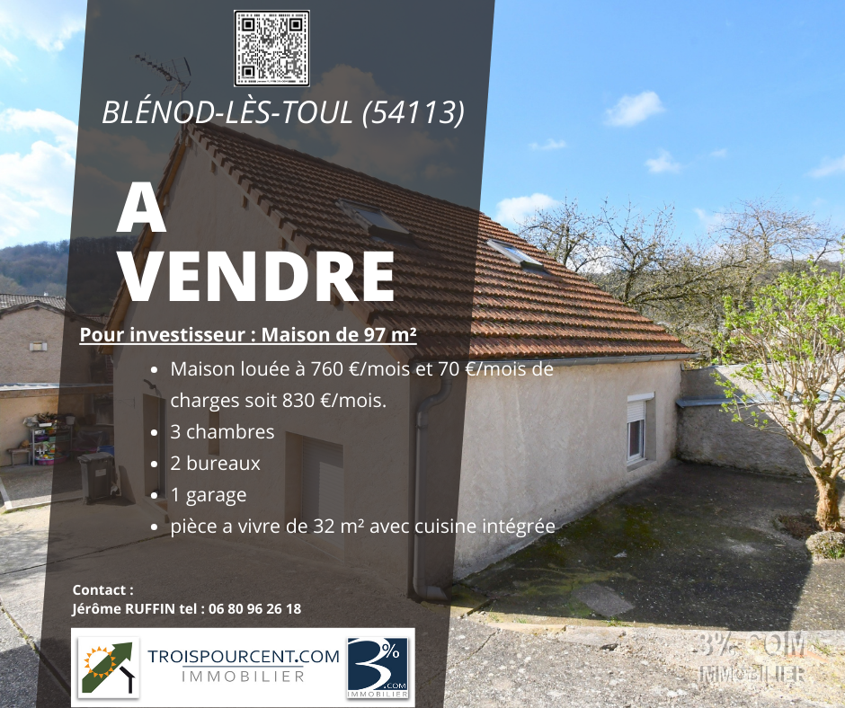 Vente Maison 97m² 4 Pièces à Blénod-lès-Toul (54113) - 3%.Com